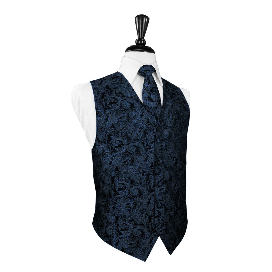 Dress Form Displaying A Peacock Blue Tapestry Mens Wedding Vest With Tie