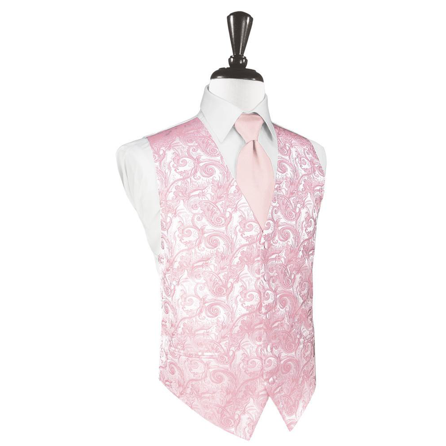 Dress Form Displaying A Pink Tapestry Mens Wedding Vest With Tie