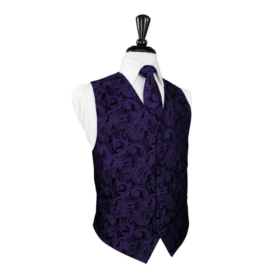Dress Form Displaying A Purple Tapestry Mens Wedding Vest With Tie