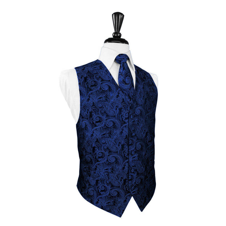 Dress Form Displaying A Royal Blue Tapestry Mens Wedding Vest With Tie