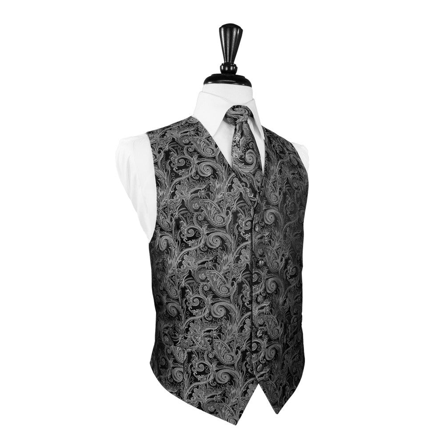 Dress Form Displaying A Silver Tapestry Mens Wedding Vest With Tie