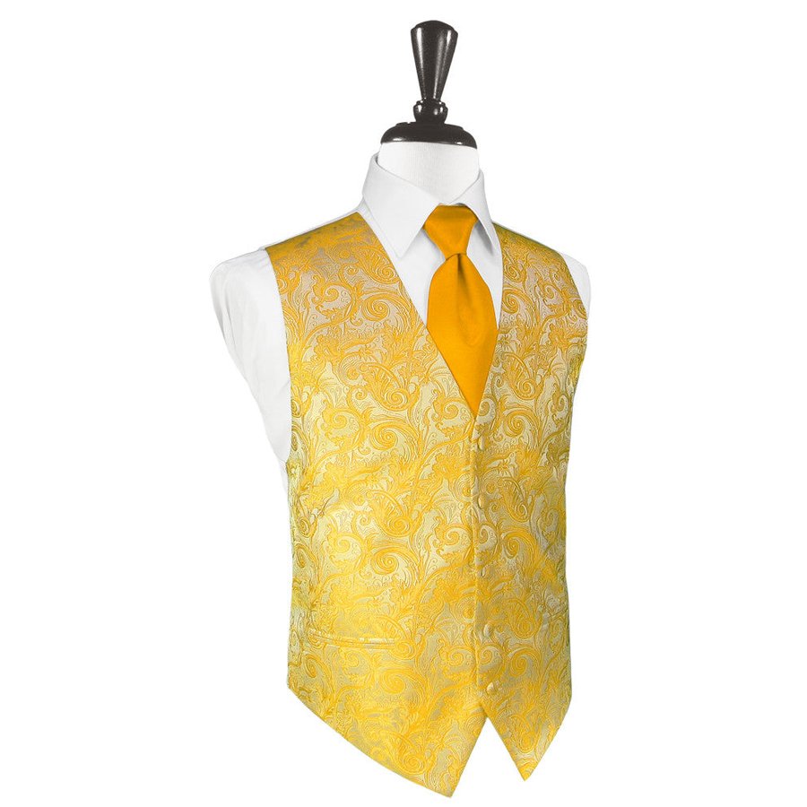 Dress Form Displaying A Tangerine Orange Tapestry Mens Wedding Vest With Tie
