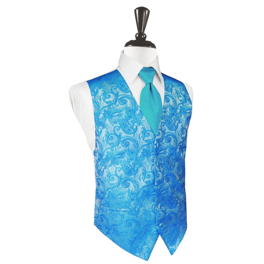 Dress Form Displaying A Turquoise Tapestry Mens Wedding Vest With Tie
