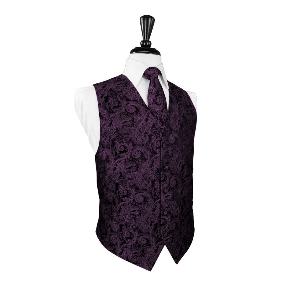 Dress Form Displaying A Wine Tapestry Mens Wedding Vest With Tie