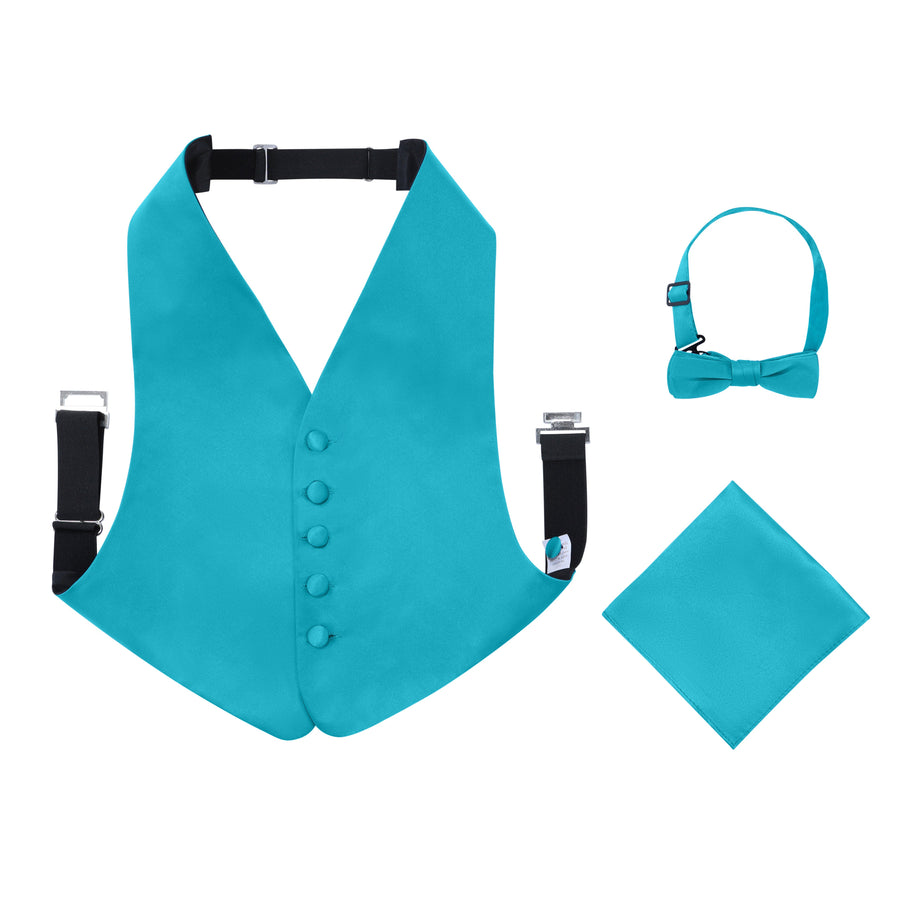 Boys 3 Piece Backless Formal Vest Set - Includes Vest, Bow Tie, Pocket Square for Tuxedo or Suit - Teal