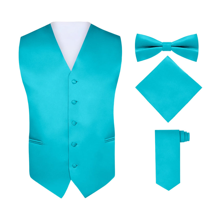 Men's Teal 4 Piece Vest Set, with Bow Tie, Neck Tie & Pocket Hankie