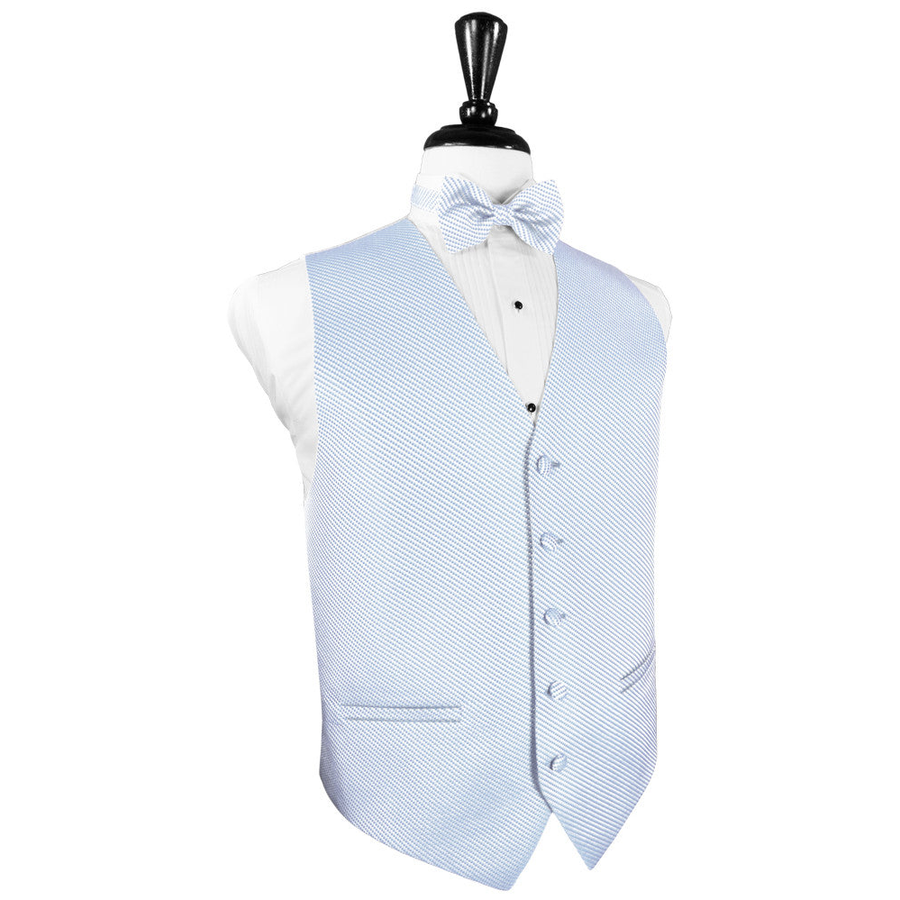 Dress Form Displaying A Powder Blue Venetian Mens Wedding Vest
